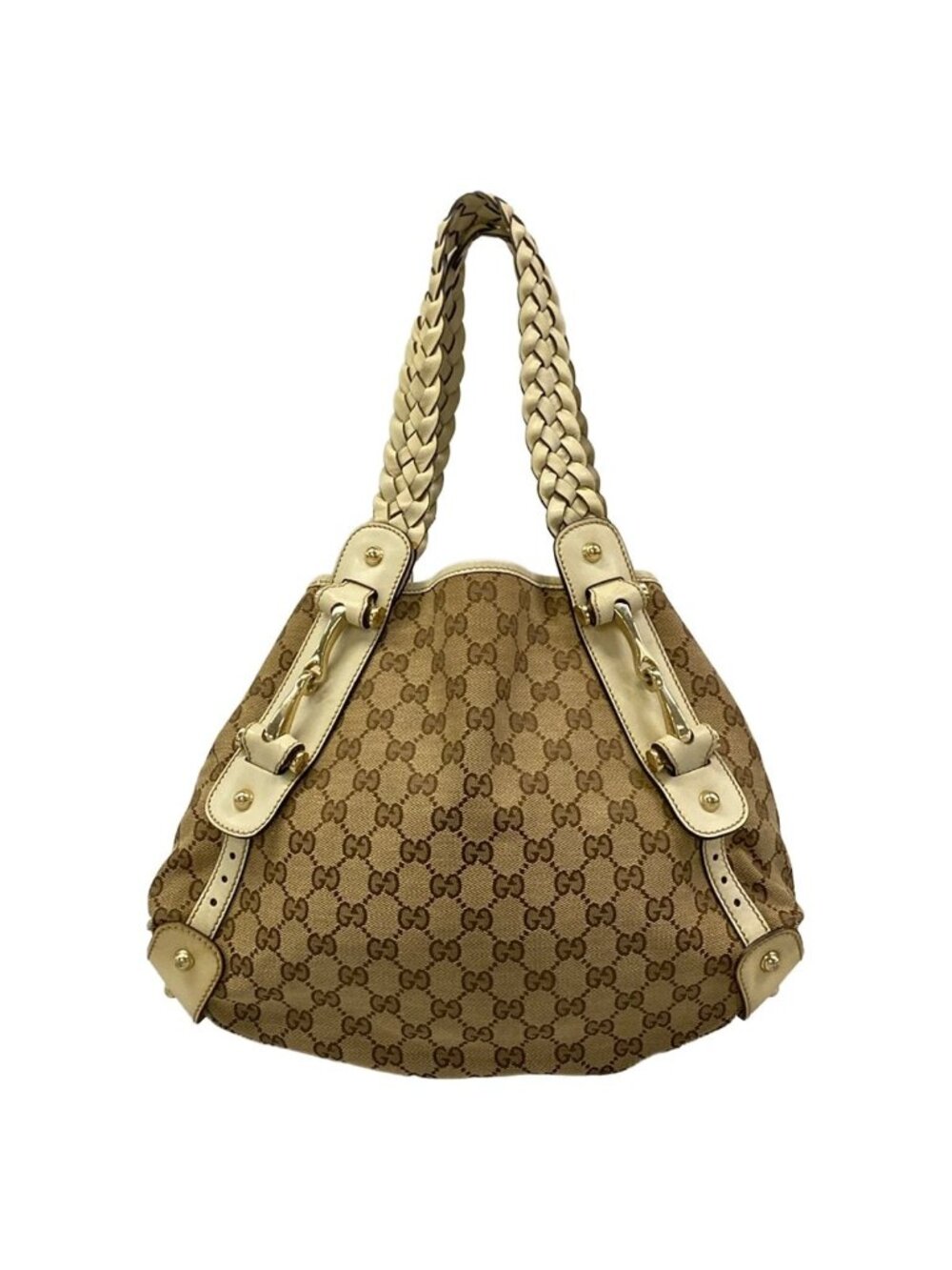 Gucci Tote GG Pattern Horsebit Dark Brown Beige Ivory Leather
